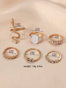 Set de 6 anillos ajustables con forma de serpiente de cristal verde con estilo bohemio para mujeres