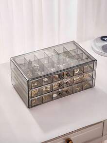 1pc Transparent 3-Layer 72-Grid Jewelry Storage Box For Women's Daily Earrings, Rings, Necklaces, Bracelets. Drawer Style 3-Layer 72-Grid Detachable Large Capacity Nail Drill & Nail Decoration Organizer