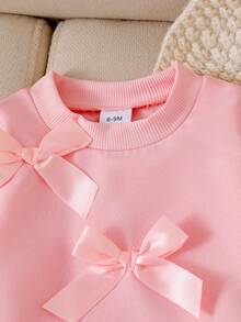 2pcs Baby Girl Sweet Casual Set: Bow Decor Round Neck Long Sleeve Sweatshirt And Bow Decor Slim Fit Flare Leg Jeans Pants - Pink - View 4