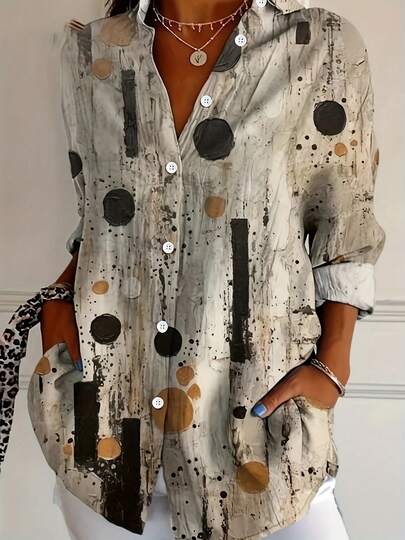 1pc Polka Dot Contrast Abstract Polyester Button-Front Shirt, Suitable For Dates, Holidays, Vacations In Spring & Autumn