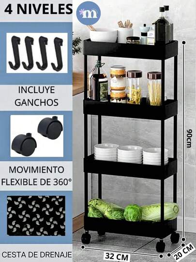Estante De Almacenamiento Para El Suelo De La Cocina, Carrito Organizador, Estante De Almacenamiento Multicapa Para Sala De Estar, Dormitorio, Estante Con Ruedas, Coche Para Aperitivos, Multifuncional de 4 capas. Carrito De Almacenamiento Multiusos Para La Cocina Con Ruedas, Organizador De Especias, Utensilios Y Alimentos 0801, 0802, 0803