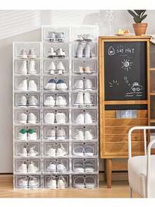 6/12 piezas Cajas de zapatos de plástico transparente para el dormitorio, cajas plegables y de almacenamiento para zapatos, con tapas abatibles, gabinetes de zapatos transparentes colocados debajo de la cama