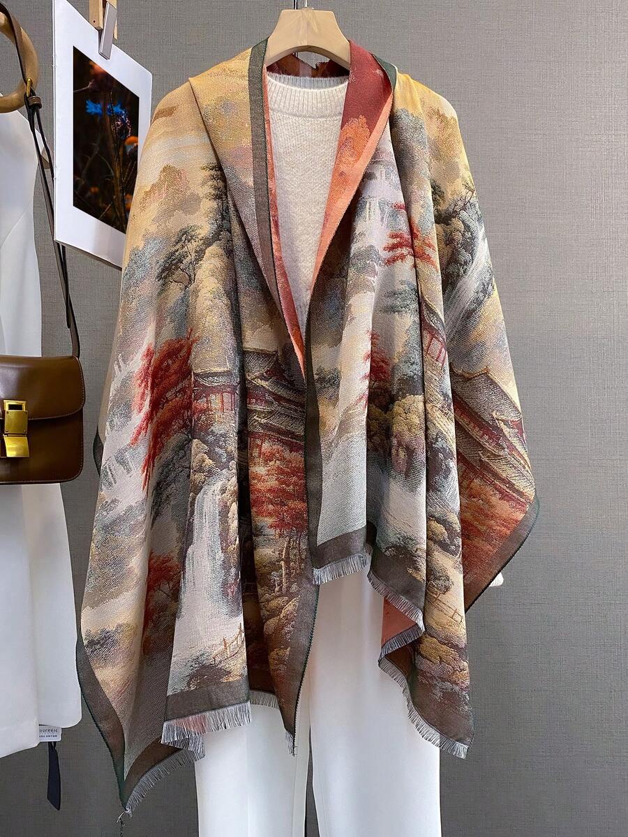 1pc Elegant Landscape Oil Painting Thick Faux Cashmere Jacquard Scarf, Women's Versatile Shawl Wrap For Autumn/Winter