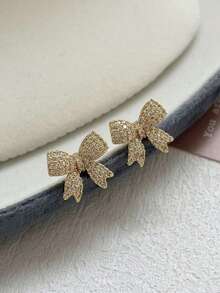 1 Pair Of Sparkling Crystal Bow Earrings For Girls Ears Exquisite Wedding Valentine's Day Christmas Gift Valentine's Day Mom Mother Mother's Day Gift - one-size - View 6