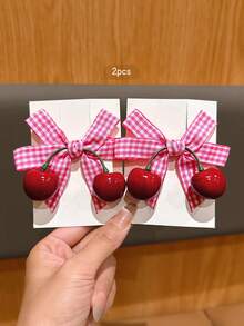 2pcs Cute Cherry Bow Hair Clips, Sweet Style Hair Accessories Suitable For Daily Use, Affordable Hair Decor - Pink - View 4