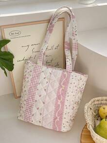 1 pièce Sac à main matelassé à motif floral, sac à bandoulière de voyage, sac fourre-tout à nœud et motif floral, sac de voyage à la mode, sac de courses, sac d'école, sac à déjeuner, grande capacité, sac de rangement pour aliments et fruits, boîte à déjeuner, pochette à bento, sac non isolant pour dîner, joli sac à déjeuner