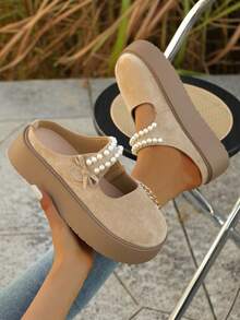 Perlenschlaufen-Schlupfschuhe mit Schleife, retromodische bequeme Flache Schuhe, modische vielseitige Dicksohlen-Flats, Neuer Stil für Herbst/Winter