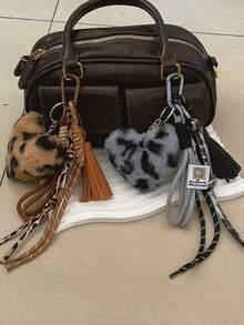 Leopard Print Fur Pom Pom Tassel Braided Rope Bag Charm, Bag Pendant Car Accessories For Woman