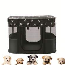 1pc Foldable & Portable Pet Playpen, Black Bear Design, 600D Waterproof Oxford Cloth + Breathable Mesh, Indoor/Outdoor Use For Cats & Dogs, Ideal For Camping, Whelping Box