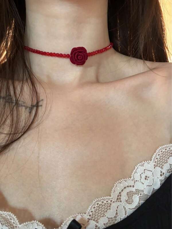 1pc 2025 New Fashion Red Crystal Beaded Rose Flower Choker Necklace, Vintage Elegant Clavicle Chain Suitable For Women Daily Wear