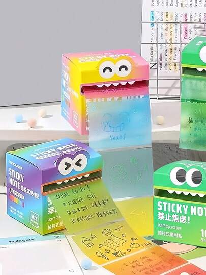 1 卷可爱拉出式便签，带强力全背胶，创意趣味表情便签，活力多巴胺学生记事本，办公室和学习留言贴纸，彩色内页提醒贴纸