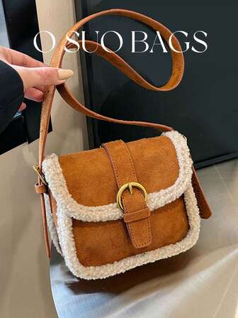 1pc Mini Fuzzy Deer Suede Plush Trim Flap Magnetic Closure Small Square Shoulder Bag, Warm Winter