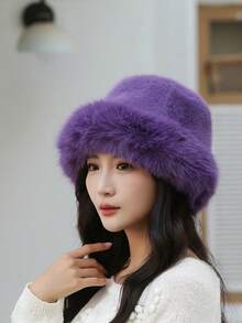 Classic Solid Color Autumn/Winter Women's Bucket Hat, Thickened Fluffy Fashion Simple Design, Mongolian Style, Polyester Fiber Soft Fleece Decoration, Casual Winter Warm