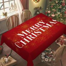 1pc Christmas Red & Gold Snowflake Letter Rectangular Tablecloth, Holiday Dining Table Decor, Suitable For Family Gatherings, Living Room, Dining Room, Christmas Themed Events, Durable Polyester Fabric