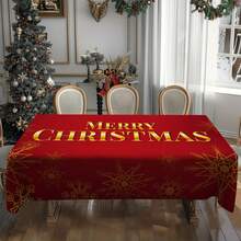 1pc Christmas Red & Gold Snowflake Letter Rectangular Tablecloth, Holiday Dining Table Decor, Suitable For Family Gatherings, Living Room, Dining Room, Christmas Themed Events, Durable Polyester Fabric