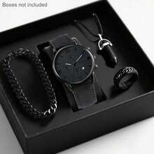 SOKI SOKI 1 Set Men's Quartz Watch With Calendar Function, Zinc Alloy Case And PU Strap, Round Dial, Electronic Movement, Pointer Display, Includes Pendant Necklace, Bracelet And Ring, Suitable For Daily Wear, Birthday Gift, Party, Holiday Gathering, Ideal Gift For Yourself Or Friends. No Packaging Box Included. - Black - View 9