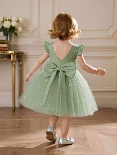 Vestido elegante de fiesta de Navidad para niñas bebé con mangas cortas, lazo y tul en color verde menta, vestido de princesa adecuado para el 1er cumpleaños, banquete, vestido de niña de las flores para boda