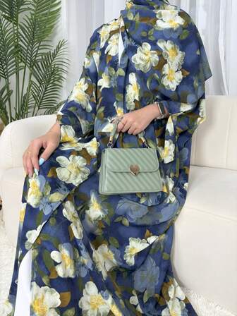 2pcs Set With Headscarf, Elegant French Ditsy Floral Cardigan Abaya Robe, Casual For Gathering, Party, Vacation