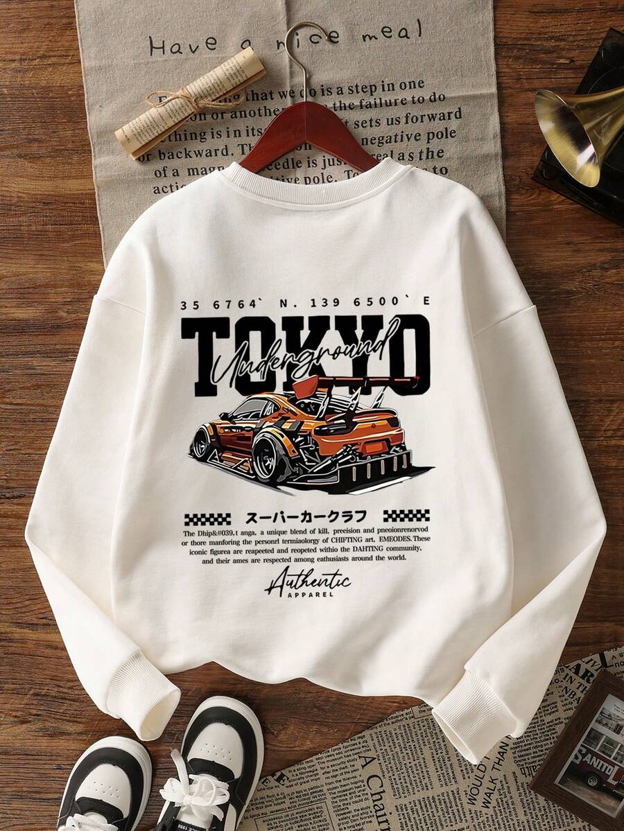Women's Autumn/Winter New Simple Tokyo Japanese Car Print Streetwear Casual Everyday Versatile Fit White Crew Neck Ribbed Sweatshirt