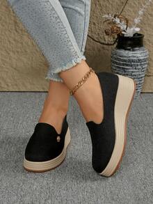 Mocasines casuales de mujer, zapatos de plataforma con cuña tejidos de cuerda de lino sintético - Negro - Ver 2