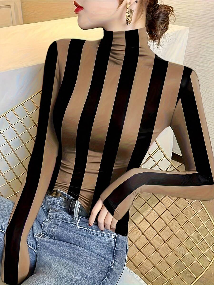 Große Größen Langarm Damen T-Shirt mit Blume Muster, Slim Fit Layering Top, Stehkragen, Frühling/Herbst 2025 Neuankömmling