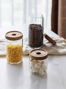 1 Stück Akazienholz versiegelter Glasgefäß mit Holzdeckel, Küchenlagerungsglas für Getreide, geeignet zum Aufbewahren von Kaffeebohnen, Pasta, Gewürzen, Süßigkeiten, Salz, Zucker, Tee, Glasflasche