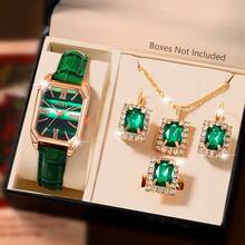 5件套女士手表套装，绿色PU皮表带休闲石英腕表，包含项链、耳环、戒指，方形全钻首饰套装，适合日常佩戴、感恩节、万圣节、圣诞节、生日派对、斋月及送礼。不含礼盒。 - 綠色 - 查看 8