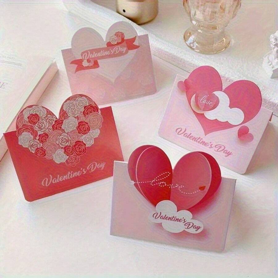 Heart-Shaped Greeting Card / 520 Card / "I Love You" Flower-Themed Holiday Card / Qixi Festival & Valentine's Day Greeting Card / Love Message Mini Card - Hồng - Xem 1