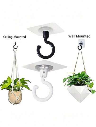 带粘性的旋转天花板挂钩（黑色/白色）- 适用于灯、植物灯、风铃等的多功能悬挂解决方案 - 易于安装，可调节 360 度旋转，用于强力可拆卸的墙壁和天花板悬挂