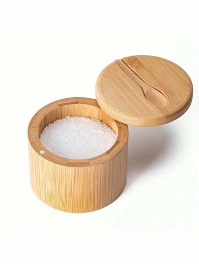 1 pieza Recipiente de almacenamiento de sal y especias de bambú con tapa giratoria magnética y cuchara, caja organizadora de bambú para almacenar sal, pimienta, especias, azúcar, 6oz