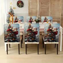 1pc/4pcs/6pcs/10pcs Christmas Santa Claus Printed Plush Chair Cover, Removable Short Plush Fabric Chair Slipcover With Snowflake & Bird Pattern, Suitable For Dining Room, Living Room, Office, Hotel And Home Decor