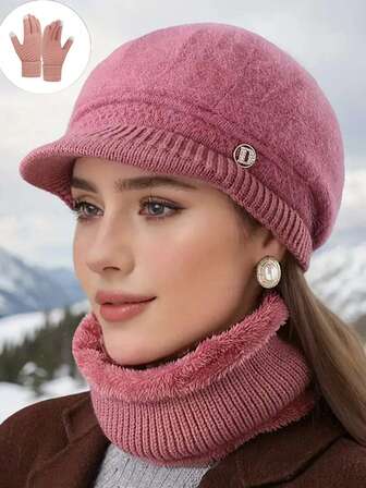 3pcs Women's Warm Knit Hat, Scarf And Gloves Set - Stretchy Winter Hat With Decor, Soft Thick Wool Neck Warmer Scarf, Suitable For Sports, Travel And Hiking, Holiday Gift, Winter Accessories Winter Warm