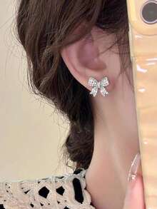 1 Pair Of Sparkling Crystal Bow Earrings For Girls Ears Exquisite Wedding Valentine's Day Christmas Gift Valentine's Day Mom Mother Mother's Day Gift - one-size - View 3