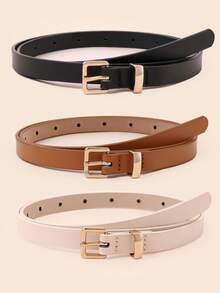 3条装女士金属方扣休闲腰带，适合日常夏季、秋季上学、万圣节等场合