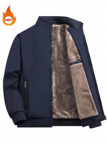 男士纯色立领保暖棉质外套，加厚保暖长袖开衫，多功能休闲外套，带防盗拉链口袋和内袋，舒适羊羔绒内衬，送给丈夫或男友的完美生日礼物 - 藍色 - 查看 7