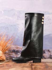 女士时尚及膝靴，秋冬侧拉链高筒靴，休闲、派对、通勤的新款靴子，圆头高跟长靴，舒适冬靴，黑色高筒靴 - 黑色 - 查看 13