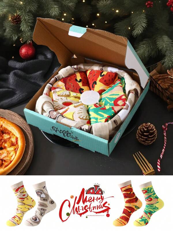 4 pary wysokiej jakości skarpetek do połowy łydki z imitacją pizzy, pudełko prezentowe, jesień/zima 2025, nowość, unisex, zabawne i wygodne skarpetki, odpowiednie na Halloween, Boże Narodzenie, Święto Dziękczynienia, karnawał, Wielkanoc, imprezę, urodziny, Walentynki i inne święta