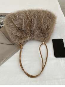 可爱毛绒云朵设计手提包，时尚单肩/斜挎包，适合通勤，秋冬新款毛绒包，新年必备 - 卡其色 - 查看 8