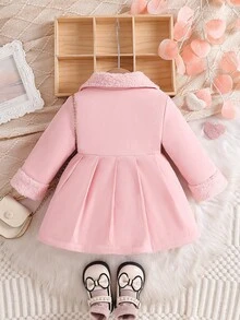 Baby Girls' Cute Elegant Minimalist Solid Color Lapel Long Sleeve Open Front Thick Fleece Mid-Length Jacket, Fashionable Versatile Comfortable Warm Baby Girl Coat, Toddler Clothing, Suitable For Autumn/Winter, Ideal For Mom To Dress Up Cute Baby For Daily Wear And Outings - Pink - View 4
