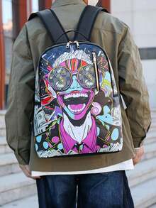 1 pieza Mochila universitaria casual con graffiti, de gran capacidad, con estampado de dibujos animados, estampado de moda casual, estampado de letras, estampado de graffiti, bolso para hombres, adecuado para vacaciones, deportes, viajes, vintage, puede contener archivos, portátil, uso en el gimnasio