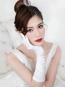 1 件优雅长款缎面新娘手套 - 非常适合婚纱和晚宴，白色弹性设计 - 彩色 - 查看 6