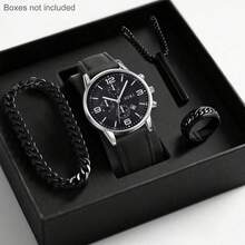 LIANDU LIANDU Men's Watch 1 Set Casual, Fashionable, Calendar Function, Digital Round Dial, Pu Strap Quartz Watch, Pendant Necklace, Bracelet, And Ring, Perfect For Everyday Wear, Birthday Gifts, Parties, Holiday Gatherings, And As The Ideal Gift For Yourself Or Friends No Box