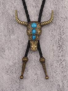 1pc Punk Western Cowboy Bull Head Embossed Bolo Tie Necklace, Versatile Braided Necktie Choker Necklace, Gift For Father/Boyfriend