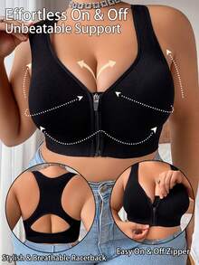 Plus Size Women Seamless Wireless Comfortable Breathable Bra, Full Coverage Supportive Sports Camisole With Wide Straps - Black - View 3