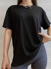 Small Shoulder Drop Short-Sleeved-Shirt Solid Color Black Loose Casual - màu đen - Xem 4