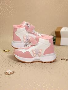 1 Pair Children's Casual Warm Sports Shoes, Anti-Slip Durable Fashion High-Top Leather Surface Slightly Water-Resistant Kids Shoes Suitable For Girls, Thermal Lined For Autumn/Winter