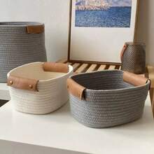1pc Woven Oval/Round Shallow Storage Basket, Mini Cotton Rope Decorative Small Storage Box, Bathroom Organizer