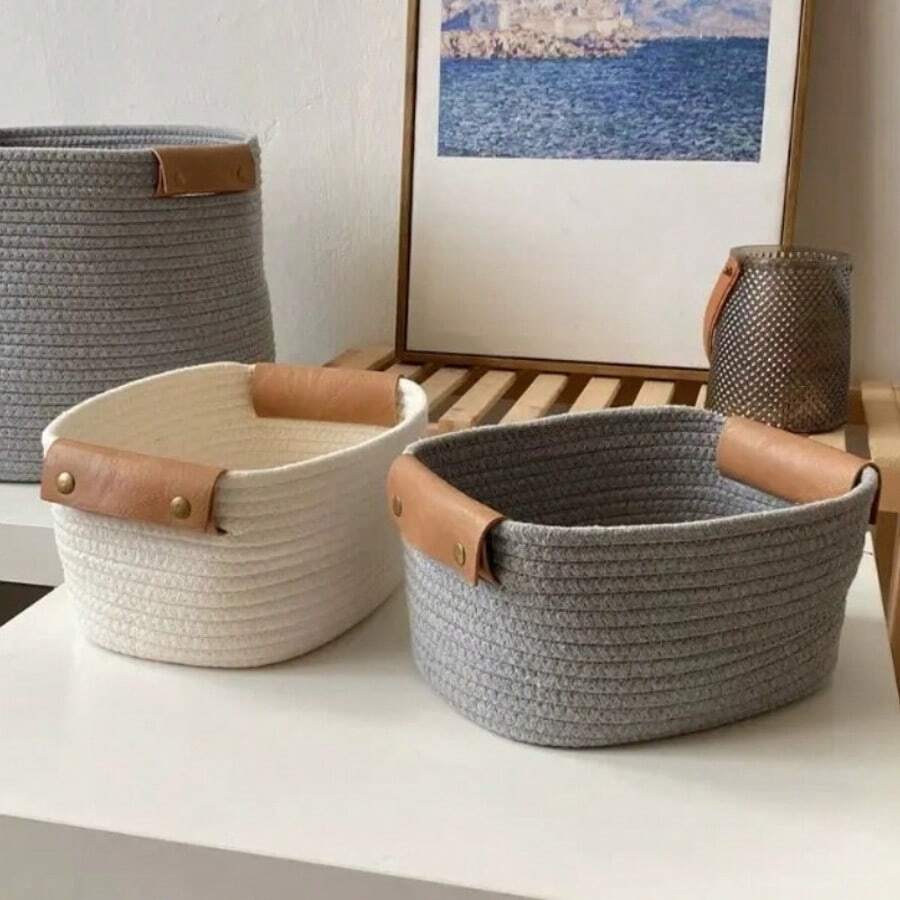 1pc Woven Oval/Round Shallow Storage Basket, Mini Cotton Rope Decorative Small Storage Box, Bathroom Organizer