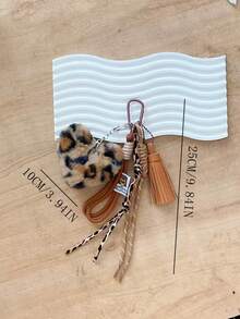 Leopard Print Fur Pom Pom Tassel Braided Rope Bag Charm, Bag Pendant Car Accessories For Woman