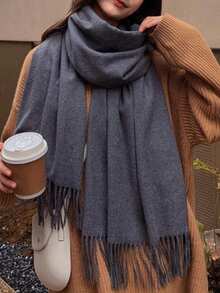 1 chiếc khăn choàng nữ tối giản, màu trơn, chất liệu giả cashmere, thích hợp cho mùa chuyển giao và sử dụng hàng ngày, chắn gió và giữ ấm, có thể phối cùng váy vào mùa thu/đông. - Màu xám đen - Xem 2
